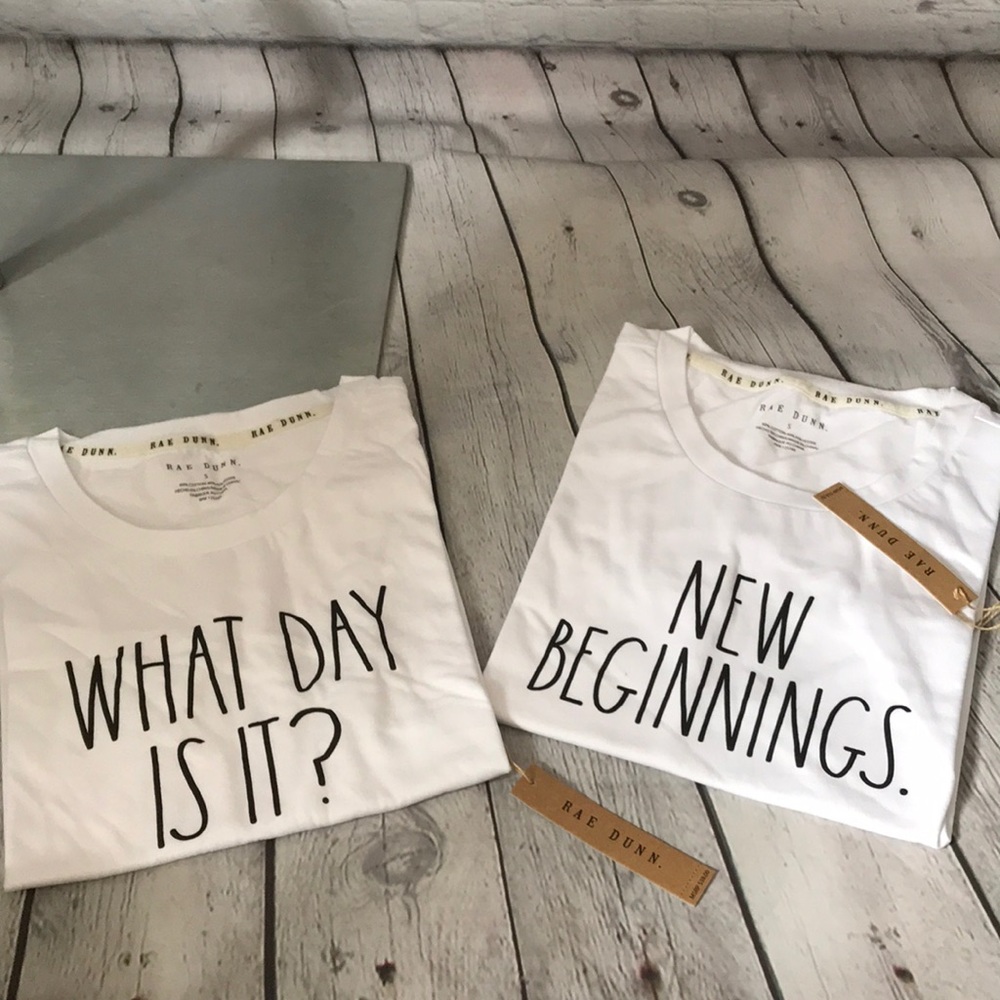 PAIR OF RAE DUNN WHITE TEES WITH BLACK WRITING